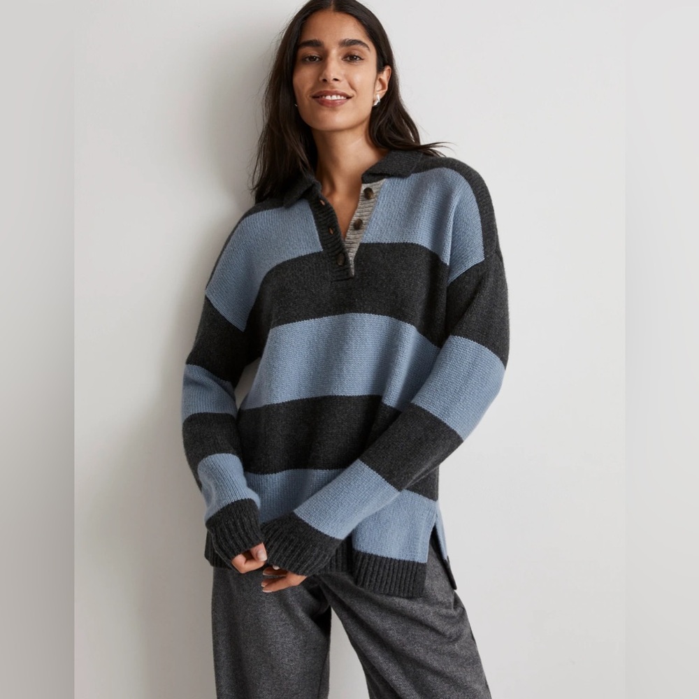 Madewell Rugby Stripe Polo Sweater in Charcoal Heather